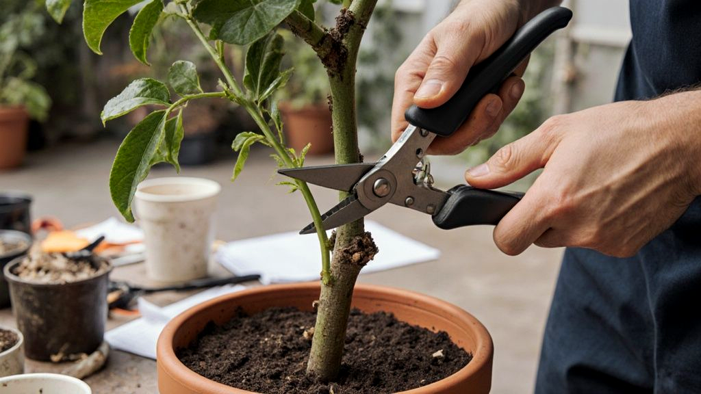 Close hands using clean bypass pruners to remove a rootstock sucker below the graft union on a potted orange tree
