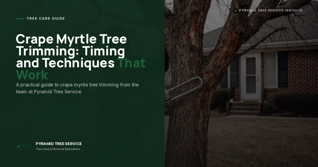 A person trims branches from a crape myrtle tree in front of a brick house. Text on the left offers a guide to crape myrtle tree trimming by Pyramid Tree Service.