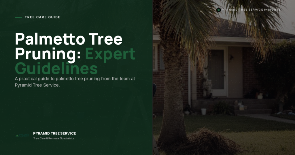 A guide titled “Palmetto Tree Pruning: Expert Guidelines” by Pyramid Tree Service, featuring text over a shaded home entrance with palm trees in front.