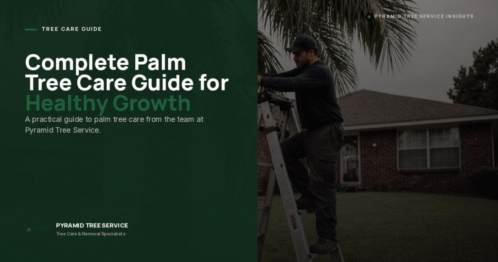 A man stands on a ladder trimming a palm tree in front of a house. Text reads: “Complete Palm Tree Care Guide for Healthy Growth” by Pyramid Tree Service.